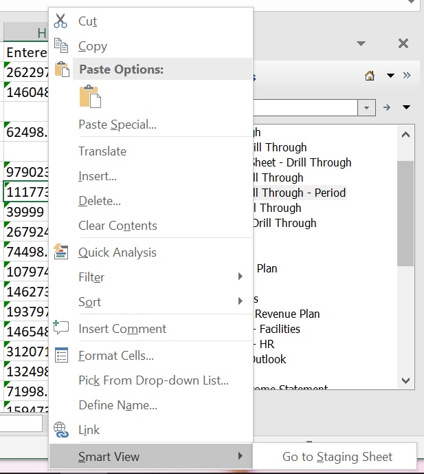 On source sheet, Smart View context menu with Go to Staging Sheet option On source sheet, Smart View context menu with Go to Staging Sheet option
