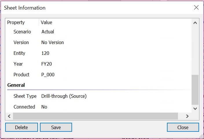 Sheet Information dialog showing the Sheet type for a Drill-through source sheet Sheet Information dialog showing the Sheet type for a Drill-through source sheet