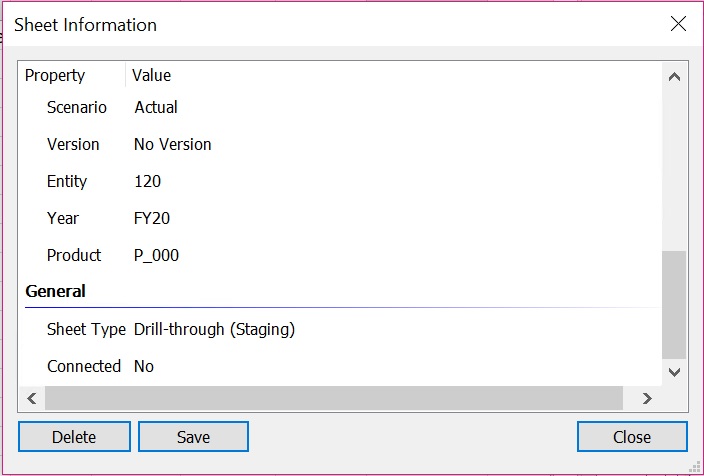 Sheet Information dialog showing the Sheet type for a Drill-through staging sheet Sheet Information dialog showing the Sheet type for a Drill-through staging sheet