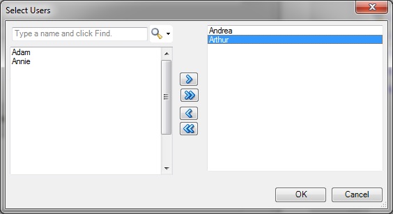 Select Users dialog box showing selected users at the right. Select Users dialog box showing selected users at the right.