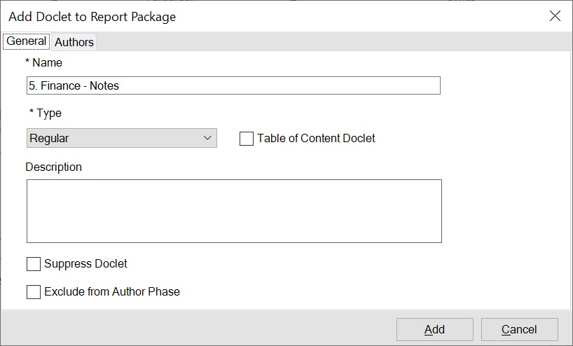 Add Doclet to Report Package dialog box. Add Doclet to Report Package dialog box.