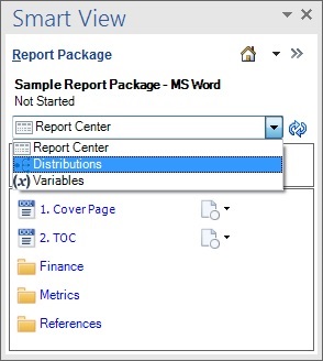 Drop-down menu with Distribution option in Report Package panel Drop-down menu with Distribution option in Report Package panel
