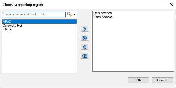 Similar to a Member Selection dialog. Selected prompts are listed in the right pane, available prompts are listed in the left pane. Use the right and left arrow buttons between the panes to move items from one pane to the other. Similar to a Member Selection dialog. Selected prompts are listed in the right pane, available prompts are listed in the left pane. Use the right and left arrow buttons between the panes to move items from one pane to the other.