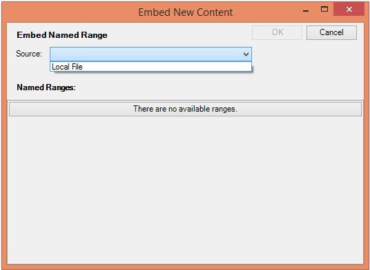 The Embed New Content dialog box, showing the drop-down menu in the Source field, where you select Local File the first time you add a reference file to a doclet. The Embed New Content dialog box, showing the drop-down menu in the Source field, where you select Local File the first time you add a reference file to a doclet.