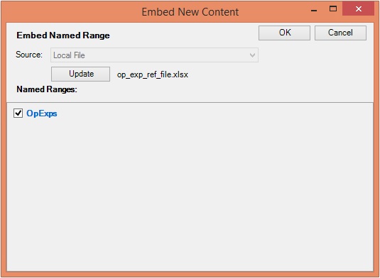 The Embed New Content dialog box with a named range selected. The Embed New Content dialog box with a named range selected.