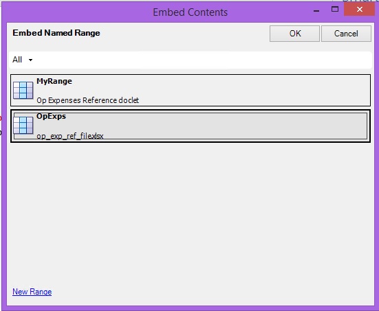 The Embed Contents dialog box, with the newly-added range, OpExps, selected The Embed Contents dialog box, with the newly-added range, OpExps, selected