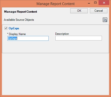Manage Report Content dialog for reference files, with editable fields for Display Name and Description.