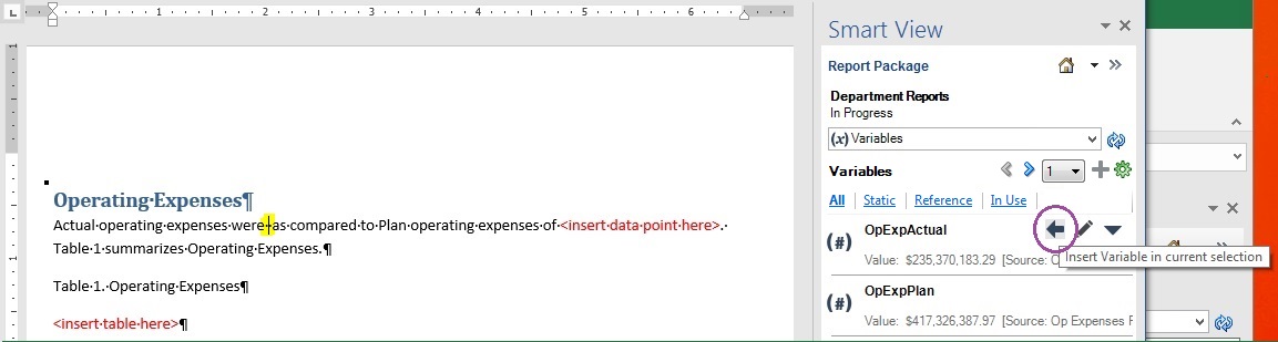 Shows a Word doclet with the variable insertion point highlighted. The Insert button is circled for emphasis, and the tooltip text reads Insert Variable in current selection. Shows a Word doclet with the variable insertion point highlighted. The Insert button is circled for emphasis, and the tooltip text reads Insert Variable in current selection.