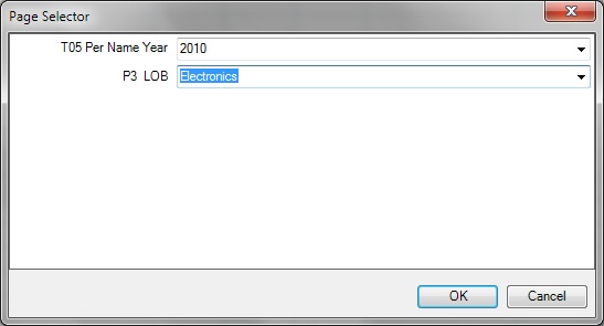 A filled-in Page Selector dialog box. The year 2010 and the Electronics Line of Business are selected for display. A filled-in Page Selector dialog box. The year 2010 and the Electronics Line of Business are selected for display.