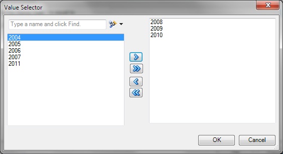 Value Selector Dialog Box Showing the Years 2008, 2009, and 2010 Selected Value Selector Dialog Box Showing the Years 2008, 2009, and 2010 Selected
