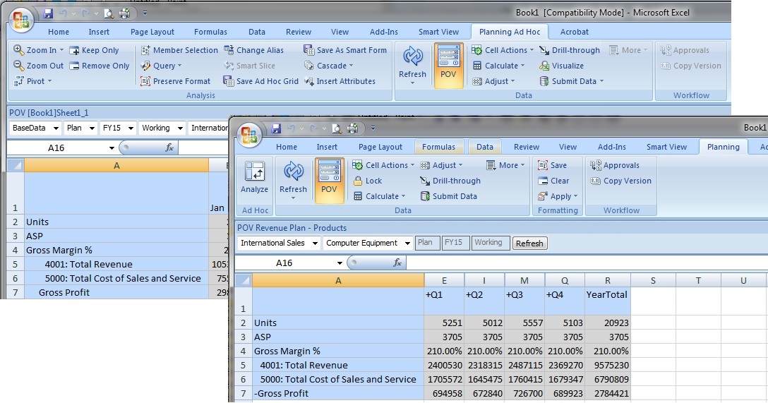 Shows the Planning data source ribbon, which displays when accessing a Planning form. Then shows the Planning Ad Hoc ribbon, which displays when accessing Planning ad hoc. Shows the Planning data source ribbon, which displays when accessing a Planning form. Then shows the Planning Ad Hoc ribbon, which displays when accessing Planning ad hoc.