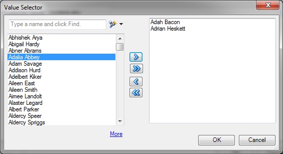 Value Selector showing the More button for working with large amounts of data. Value Selector showing the More button for working with large amounts of data.