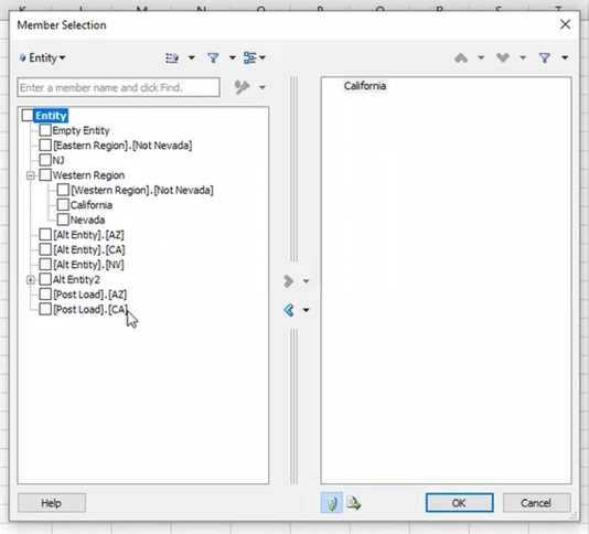 Member Selector dialog in Smart View, showing hierarchy structure that includes shared members Member Selector dialog in Smart View, showing hierarchy structure that includes shared members