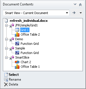 Document Contents pane with a reporting object selected instead of a query. No Refresh link is available. Document Contents pane with a reporting object selected instead of a query. No Refresh link is available.