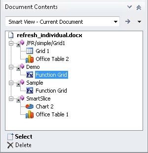 Document Contents pane with a reporting object selected. No Refresh link is available. Document Contents pane with a reporting object selected. No Refresh link is available.