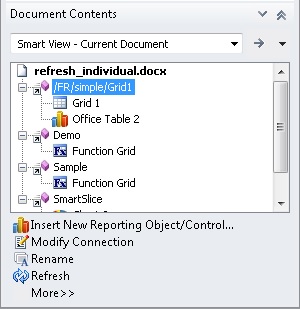 Document Contents pane with a report query with two reporting objects selected. Refresh is available. Document Contents pane with a report query with two reporting objects selected. Refresh is available.