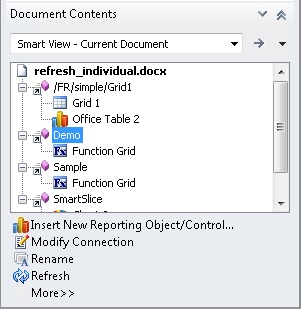 Document Contents pane with a report query with a single reporting object selected. Refresh is available. Document Contents pane with a report query with a single reporting object selected. Refresh is available.