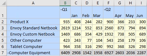 A portion of a Planning form showing six row dimensions, and Q1 and Q2 with their respective months as the column dimensions. A portion of a Planning form showing six row dimensions, and Q1 and Q2 with their respective months as the column dimensions.