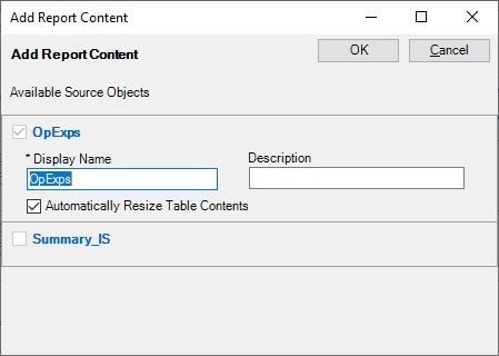The Add Report Content dialog box showing the range named OpExps is selected