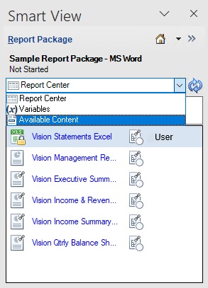 The Report Package panel showing the drop-down menu with the Available Content option selected
