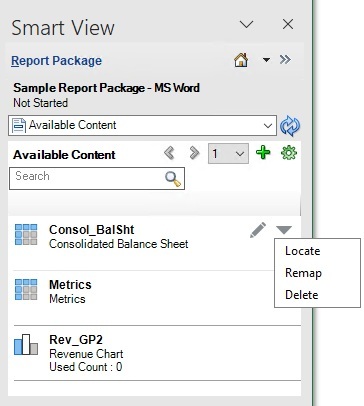 Available Content panel showing the options on the More Actions drop-down menu items, Locate, Remap, and Delete