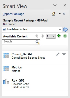 Available Content panel showing three available content items. One item, Consol_BalSht, is selected so the Edit icon and the Action menu are displayed.