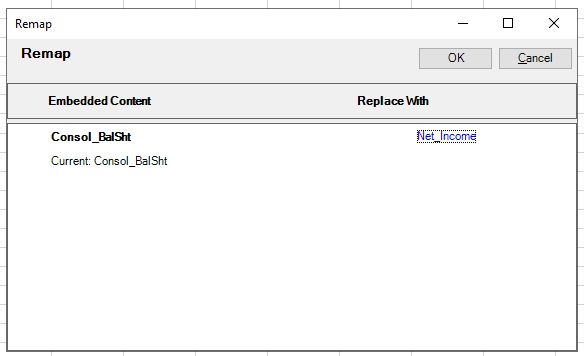 The Remap dialog, with the newly selected range shown in the Replace with column