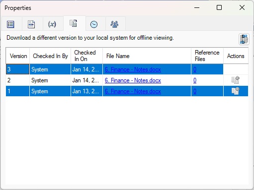 Properties dialog, Version tab, showing three doclet versions. Versions 1 and 3 are selected Properties dialog, Version tab, showing three doclet versions. Versions 1 and 3 are selected