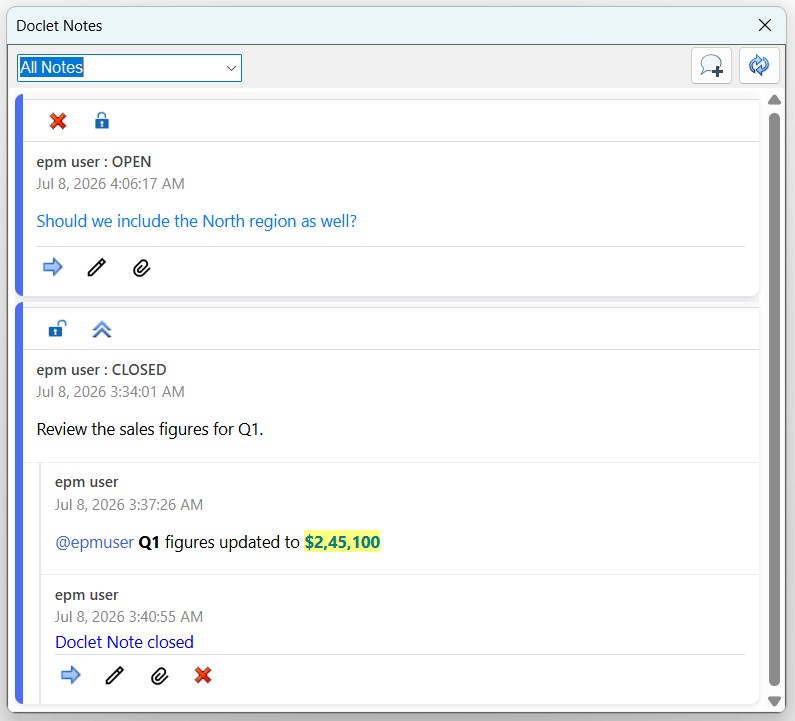 The Doclet Notes dialog box displaying a list of doclet notes and replies. The Doclet Notes dialog box displaying a list of doclet notes and replies.