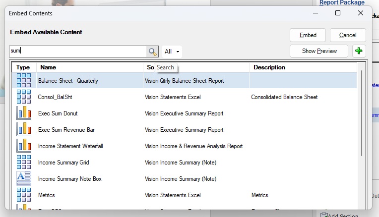 The Embed Contents dialog with the term, sum, entered in the search field and the magnifying glass icon displayed