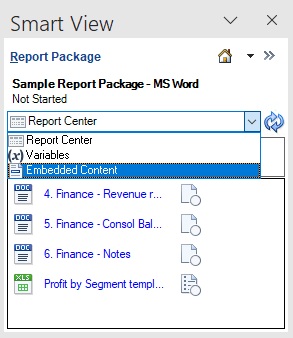 The Report Package panel showing the drop-down menu with the Embedded Content option selected