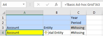 An ad hoc grid in cells A1 to C3, with a referenced member in cell A4. An ad hoc grid in cells A1 to C3, with a referenced member in cell A4.