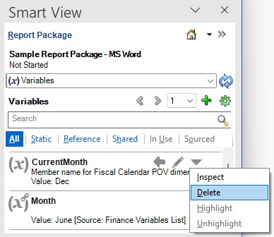 The Options menu for the selected variable, where you can select the Delete option.