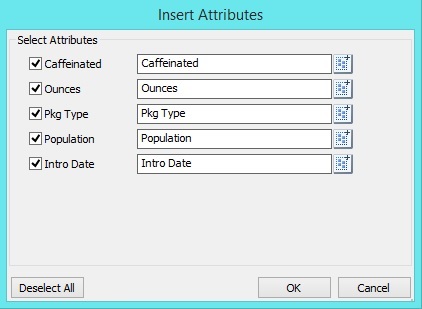 Insert Attributes dialog listing all attribute dimensions, a check box next to each attribute dimension name, and a Member Selection button where you can select individual attribute members to add as page dimension on the sheet. Insert Attributes dialog listing all attribute dimensions, a check box next to each attribute dimension name, and a Member Selection button where you can select individual attribute members to add as page dimension on the sheet.