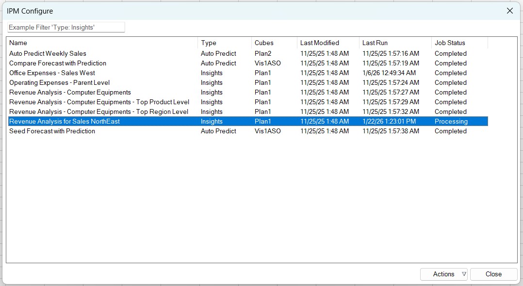 IPM Configure dialog box displaying the Processing status for an Insights job.