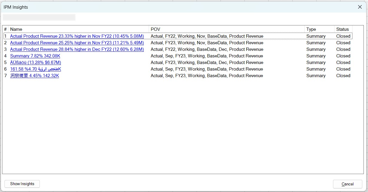 IPM Insights dialog box displaying a list of available summaries after clicking the Show Summaries button.