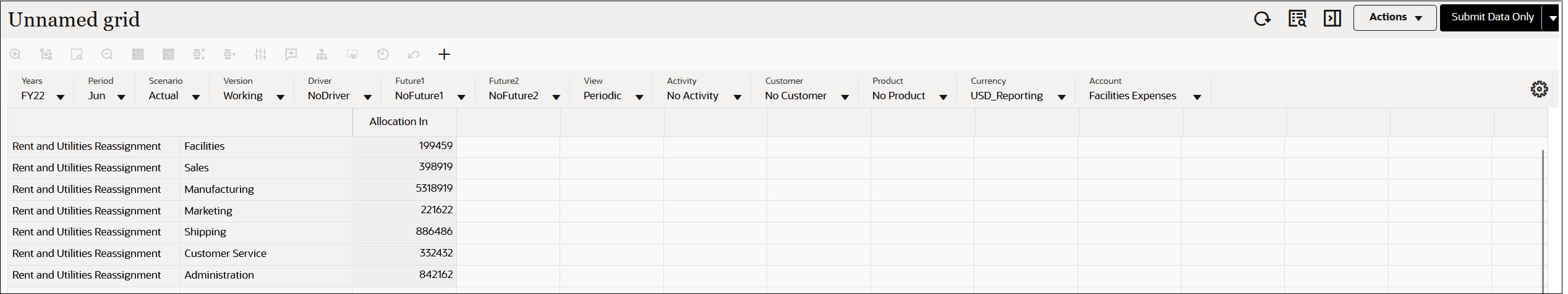 Sample ad hoc grid showing the destination data for the Rent and Utilities Reassigment rule
