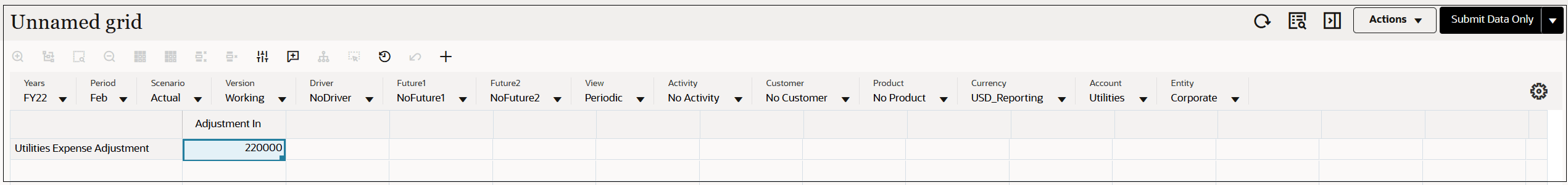 Sample ad hoc grid showing the target data for the Utilities Expense Adjustment custom rule Sample ad hoc grid showing the target data for the Utilities Expense Adjustment custom rule