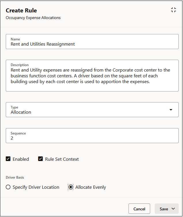 Definition for the Rent and Utilites Reassignment rule in the Occupancy Expense Allocations rule set