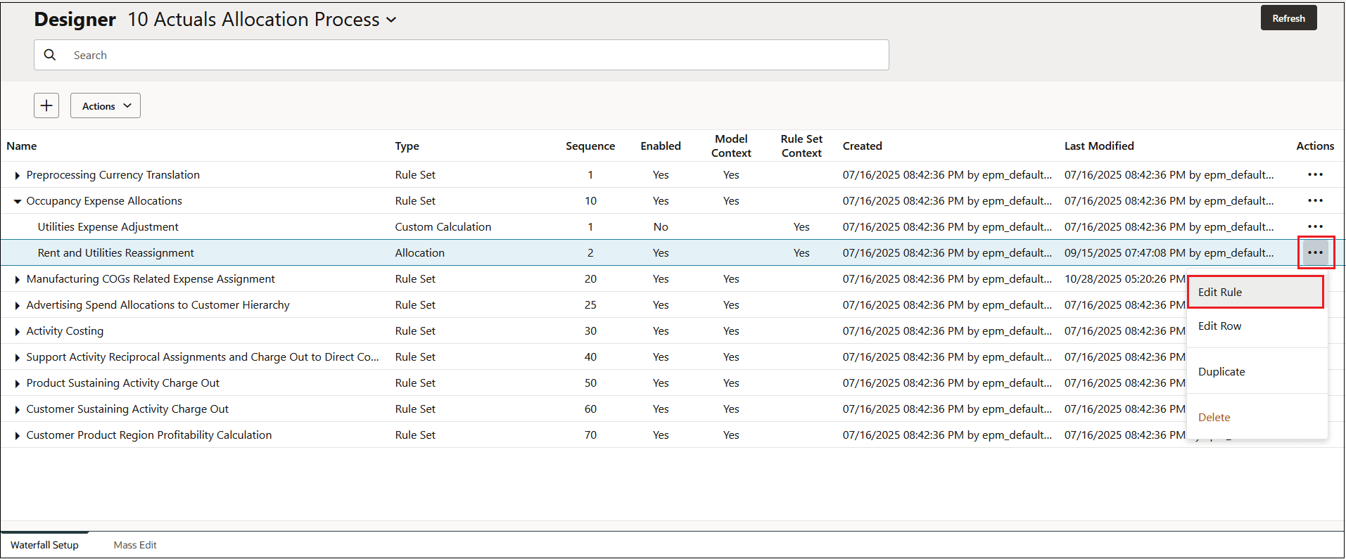 Rent and Utilities Reassignment rule highlighted in the Waterfall Setup tab with the Edit Rule menu option selected