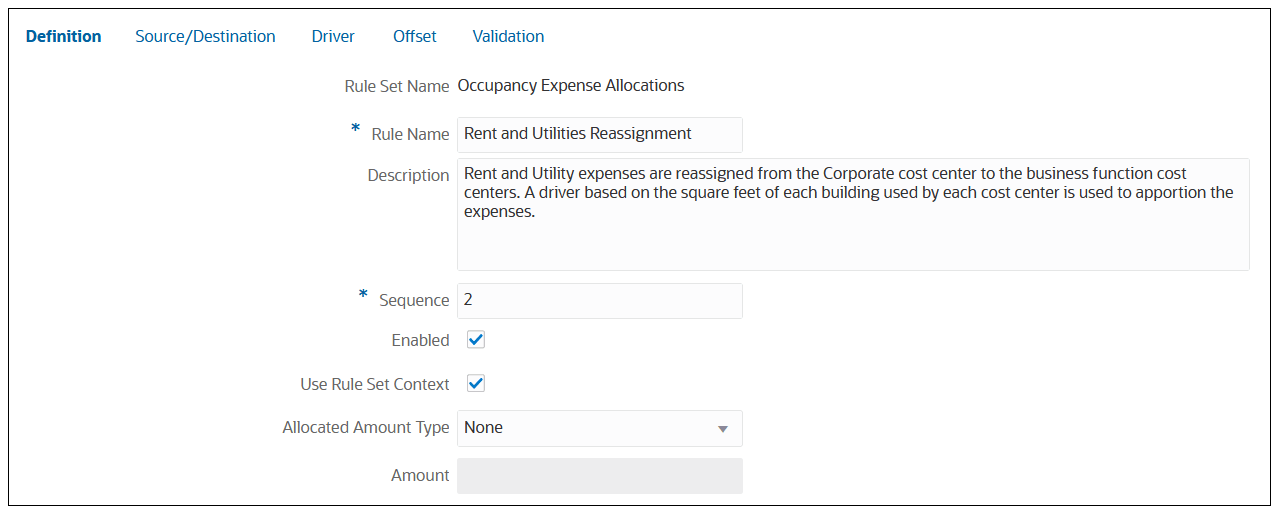 Definition tab for the Rent and Utilites Reassignment rule in the Occupancy Expense Allocations rule set Definition tab for the Rent and Utilites Reassignment rule in the Occupancy Expense Allocations rule set