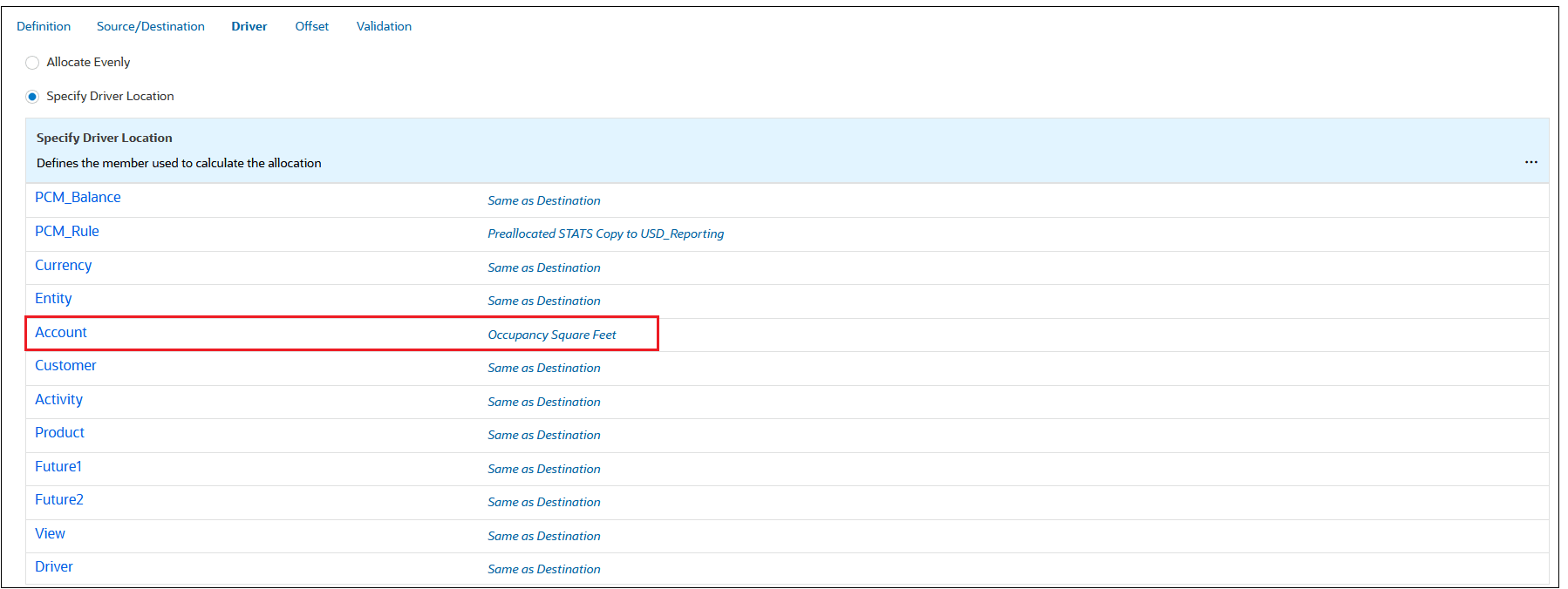 Driver tab with Occupancy Square Feet selected as the driver in the Account dimension