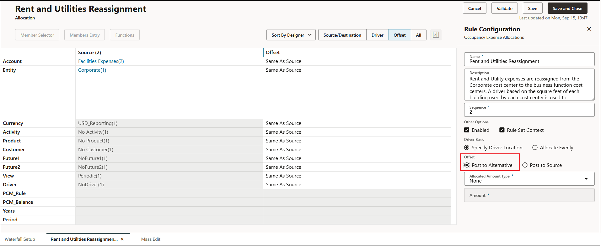 Offset screen with Post Offset to the an Alternative location selected