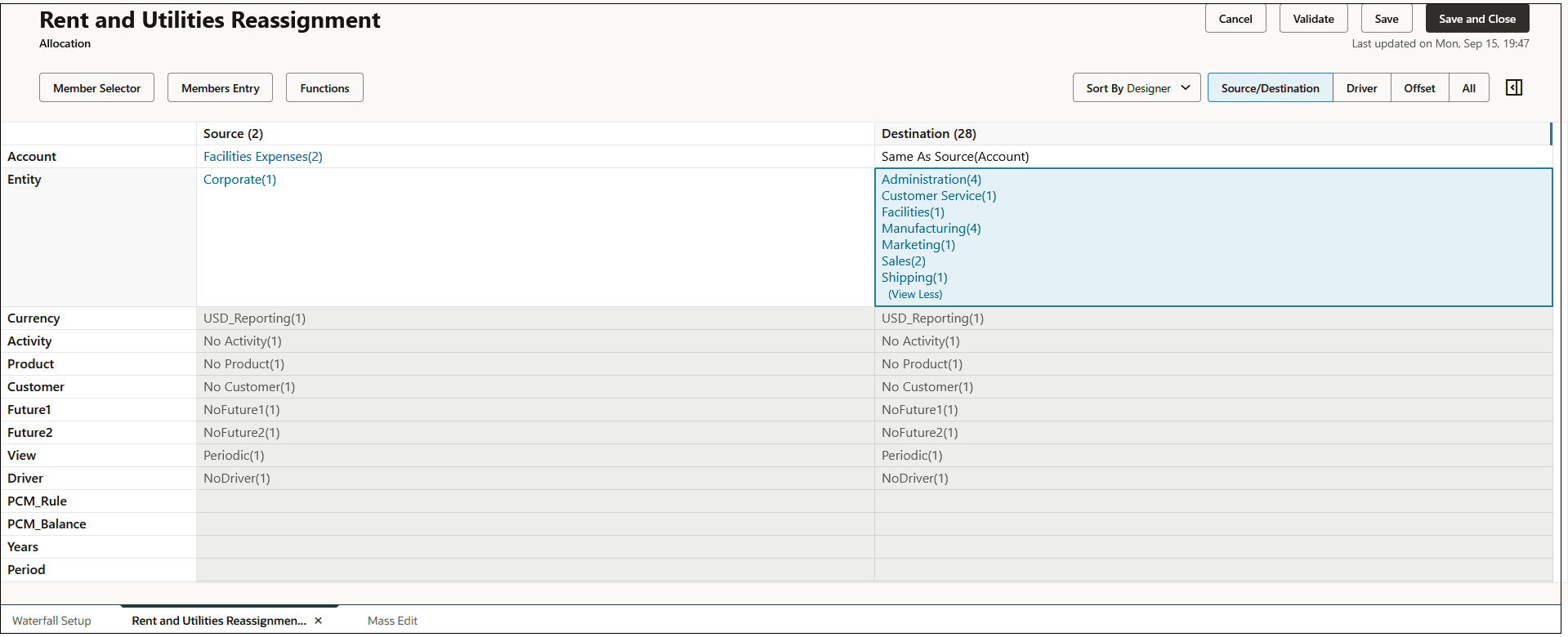 Rule Designer showing facilities expenses for the Corporate cost center allocated to the Facilities account across multiple cost centers