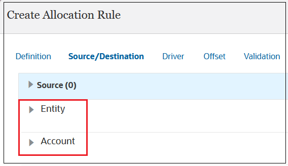 Create Allocation Rule page with Entity and Account displayed Create Allocation Rule page with Entity and Account displayed