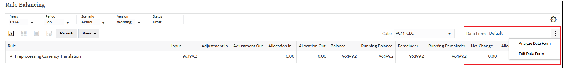 Rule Balance Page showing the Analyze Data Form and Edit Data Form options Rule Balance Page showing the Analyze Data Form and Edit Data Form options