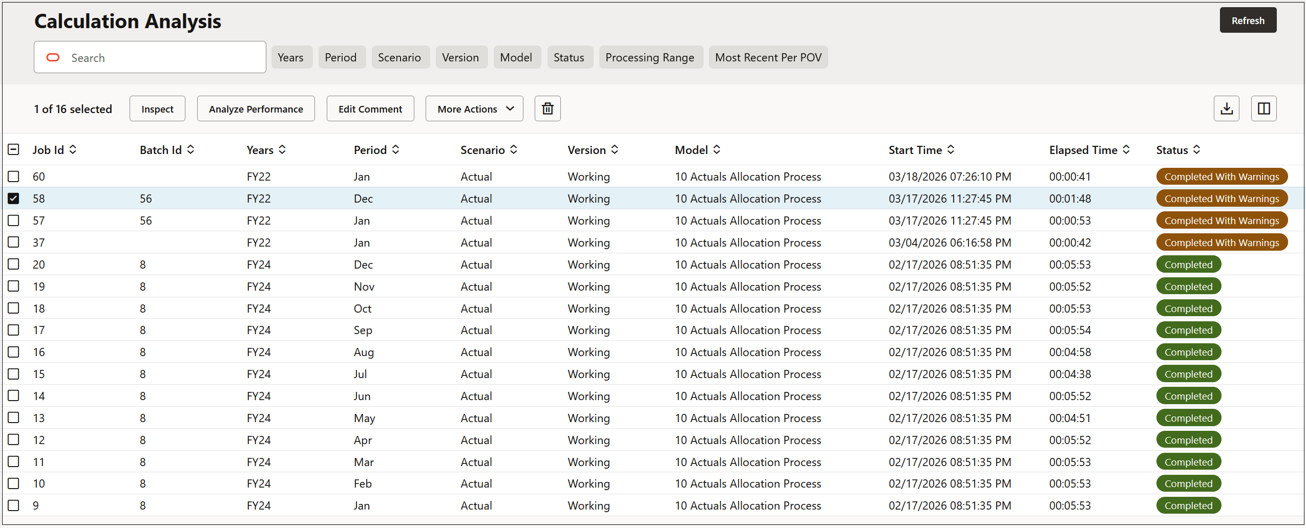 Calculation Analysis page showing several points of view Calculation Analysis page showing several points of view