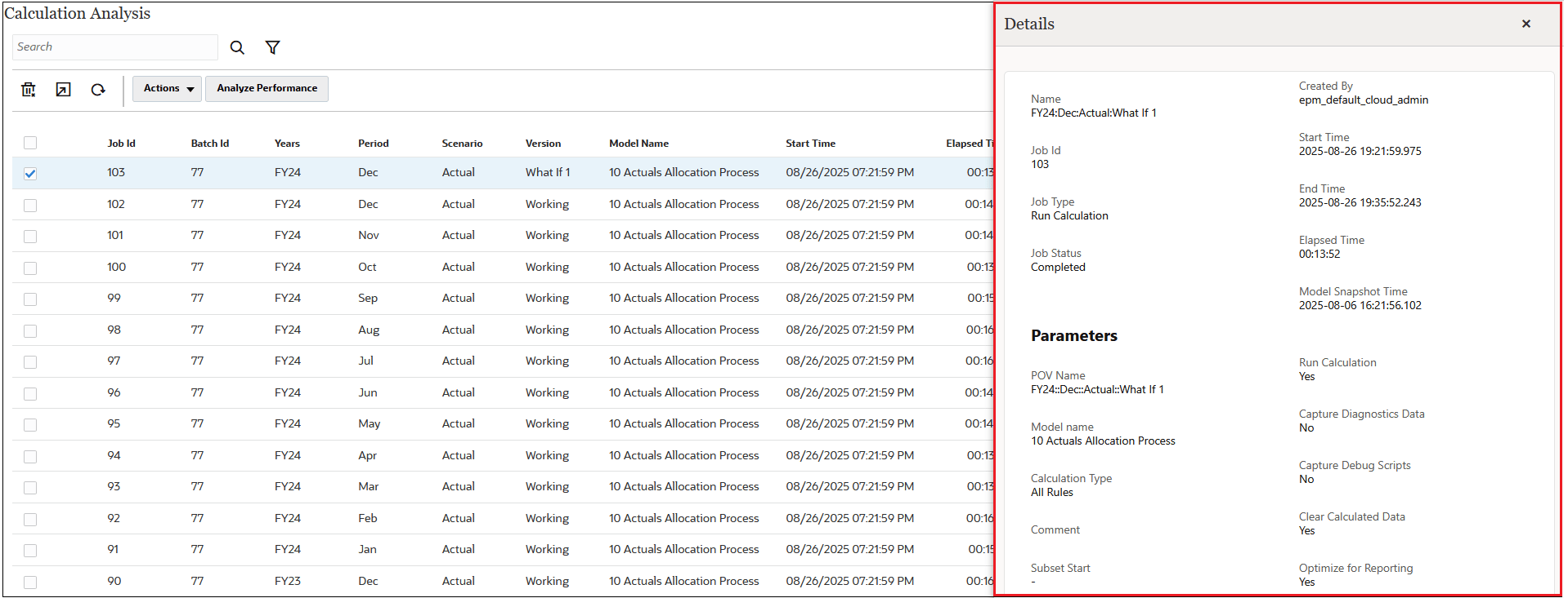 Calculation Analysis page with properties displayed