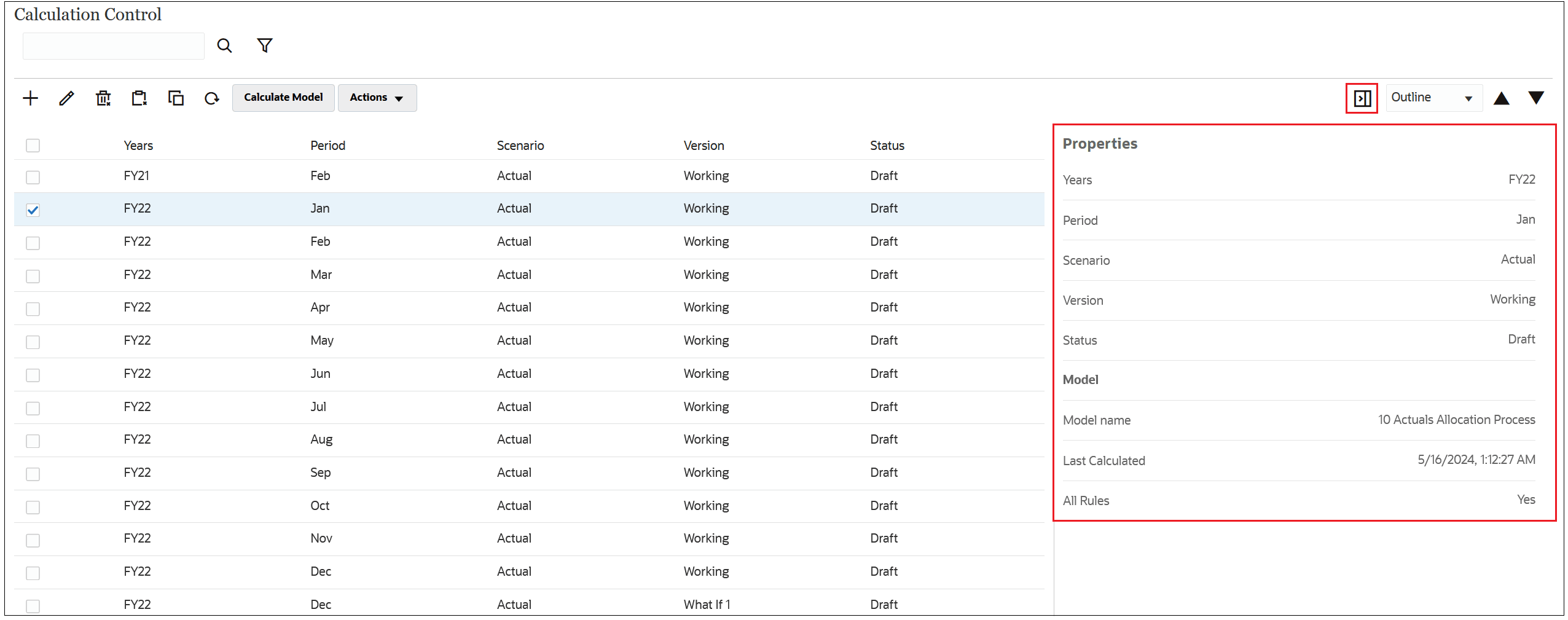 Calculation Control page with properties displayed