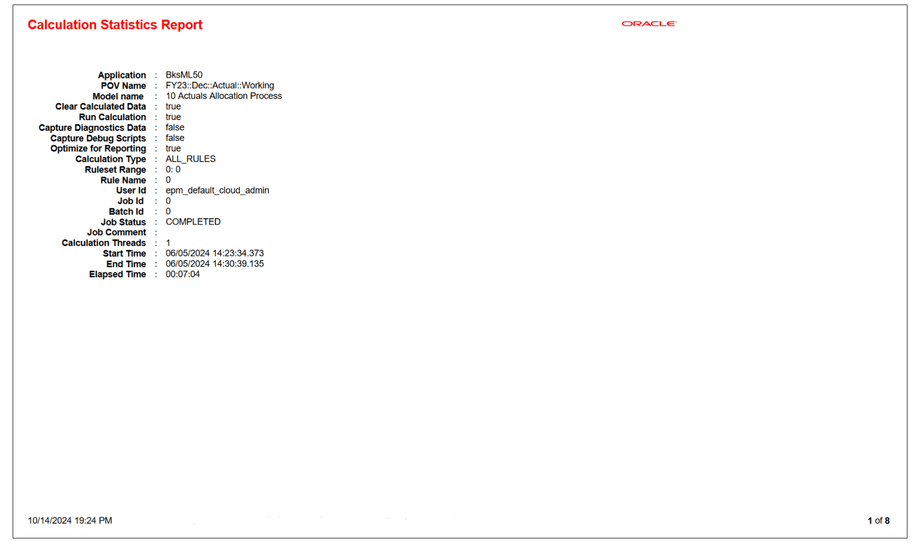 Sample Calculation Statistics Report showing summary information